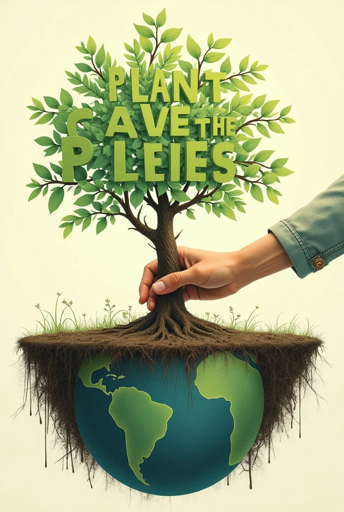 A drawing of a hand planting a small tree in the ground. The roots of the tree are shaped like the planet Earth., symbolizing the importance of reforestation to combat climate change. about the image, the phrase "Plant Trees, Save the Planet!" It is written in big green letters.