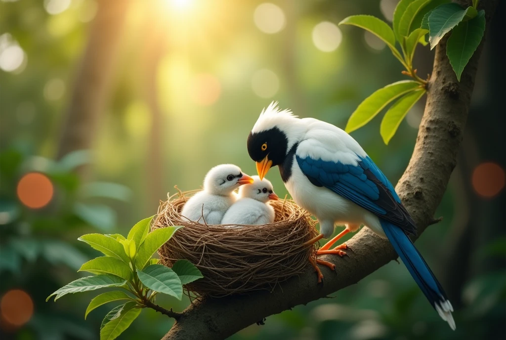 A mesmerizing wide angle portrait of a (gorgeous colorful Bali myna:1.3), feeding baby birds in their nest, on a leafy tree branch, illuminated by the soft, golden light of a tranquil morning, detailed background with vibrant bokeh balls gently framing its delicate form.