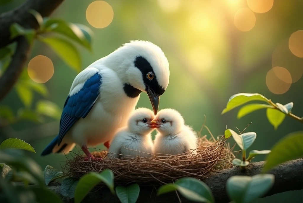 A mesmerizing wide angle portrait of a (gorgeous colorful Bali myna:1.3), feeding baby birds in their nest, on a leafy tree branch, illuminated by the soft, golden light of a tranquil morning, detailed background with vibrant bokeh balls gently framing its delicate form. 