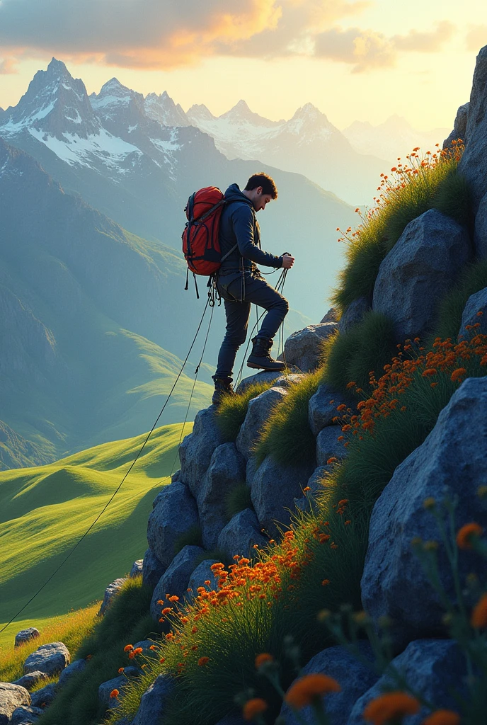 climber ascending a mountain at 3:00pm with bright colors seen in profile
on a meadow mountain climbing photorealistic