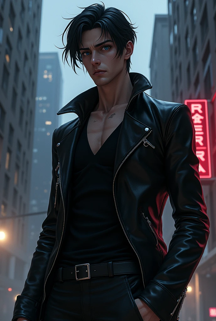 Serious anime man with black hair and leather clothes