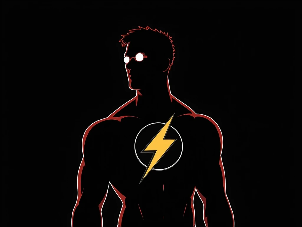 male character, with superhero outfit, dark, just the eye highlighted in white, like Superman, just the silhouette, flash symbol on the chest, flash symbol, white circle, yellow lightning