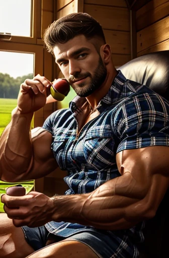Farmer、30 years old、Handsome、Has an axe、male、Stubble、Attractive eyes、Checkered clothing、、Eating a black apple、Taking medication
