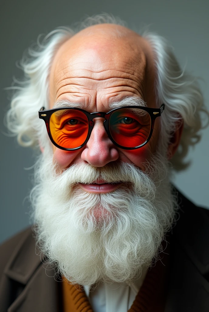 Create image of Charles Darwin, photo realist, with colored sunglasses , Darwin looking happy,smiling and serene