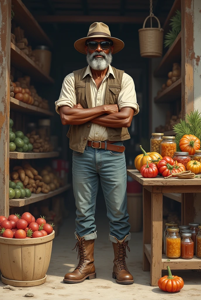 A DRAWING OF A DARK MAN WITH SUNGLASSES AND A BEARD, BOOTS AND CAP SELLING VARIOUS COUNTRY PRODUCTS IN A GROCERY STORE SHOWING A TRUSTWORTHY PERSONALITY WITH NO BACKGROUND IN THE IMAGE