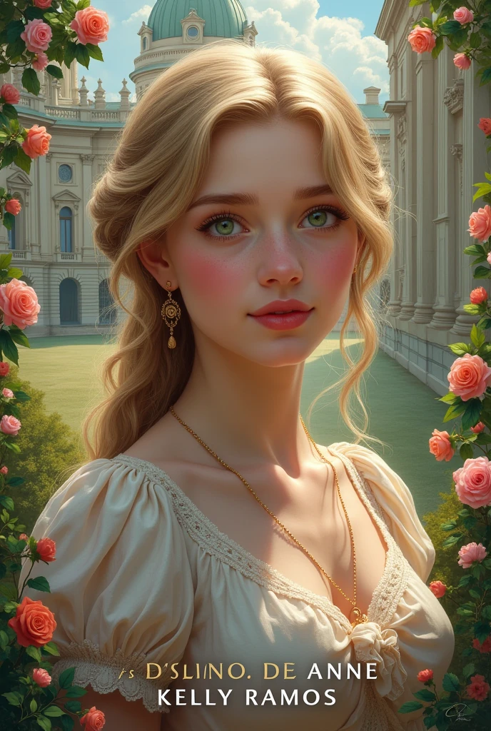 Create for me the cover image of my book Anne&#39;s Fate write the name in Portuguese and put my author name Kelly Ramos put a palace in the background, flowers and a young woman with an angelic face, a very realistic image of blond hair and green eyes wearing a period dress from 1910