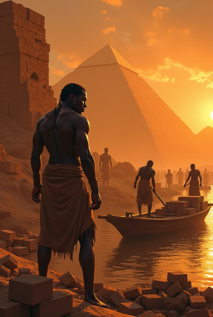 Make a picture of the Egyptian slaves melting the soil using large fires and turning it into very large bricks for the Egyptian pyramids. And using Nile to move the huge brikcs. Using large fires to melt them. Using big boats to Carry them