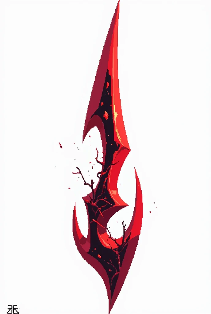 A sword projectile in the style of a pixel drawing, made of solid blood-colored crystal with vessels of black void