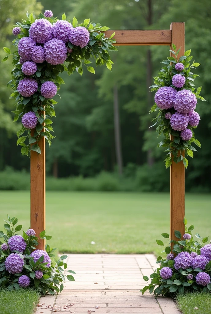 want an image of a wooden bridal arch that is straight not curved and that in both corners there are purple hydrangeas with green leaves and it is outdoors.