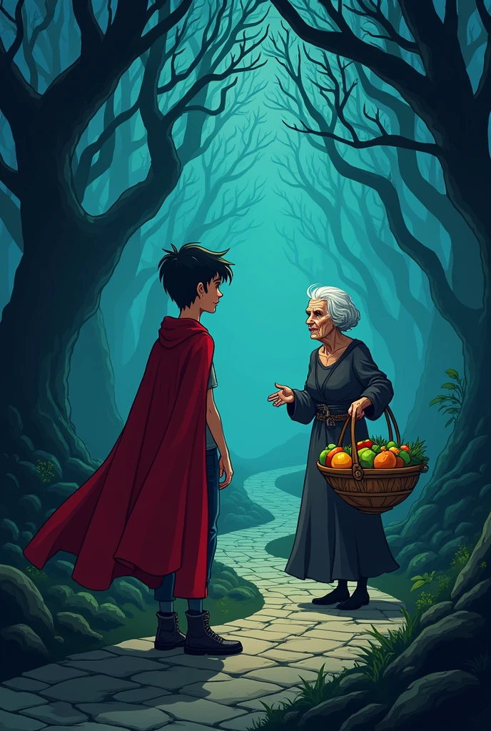 high qualiy, 8k Ultra HD, cartoon image, a teenager with a red cape and black shoes, in a dark dark forest with stone road, meets a scary old woman with a fruit bowl in her hand.