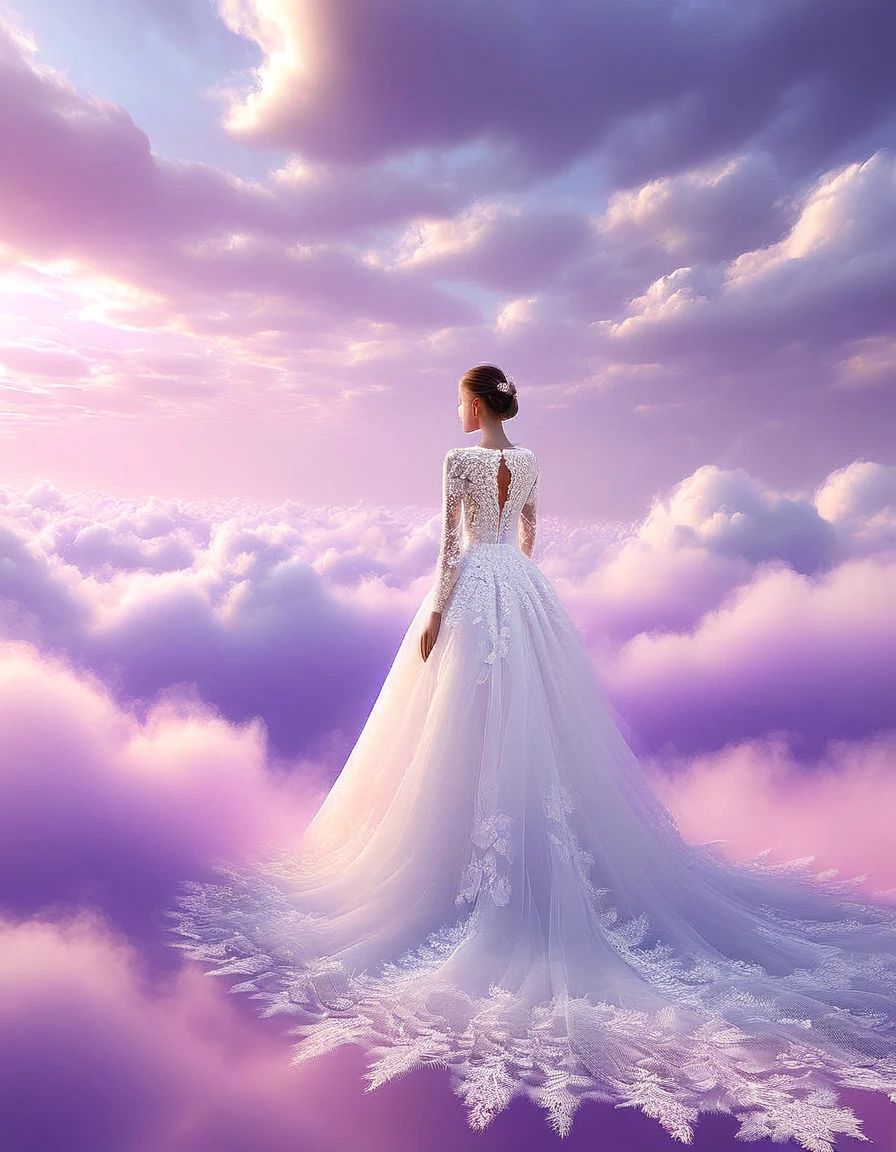  Tyndall phenomenon，lesnica vnebo,Best quality,super detailed, valid,professional，white fluffy lace wedding dress，extravagant,lots of lace on the dress, Rows of pale pink violet rays, cloud, light fog，White minimalist, partial reflection，Desktop wallpaper，Love is light, 8 K,12K,