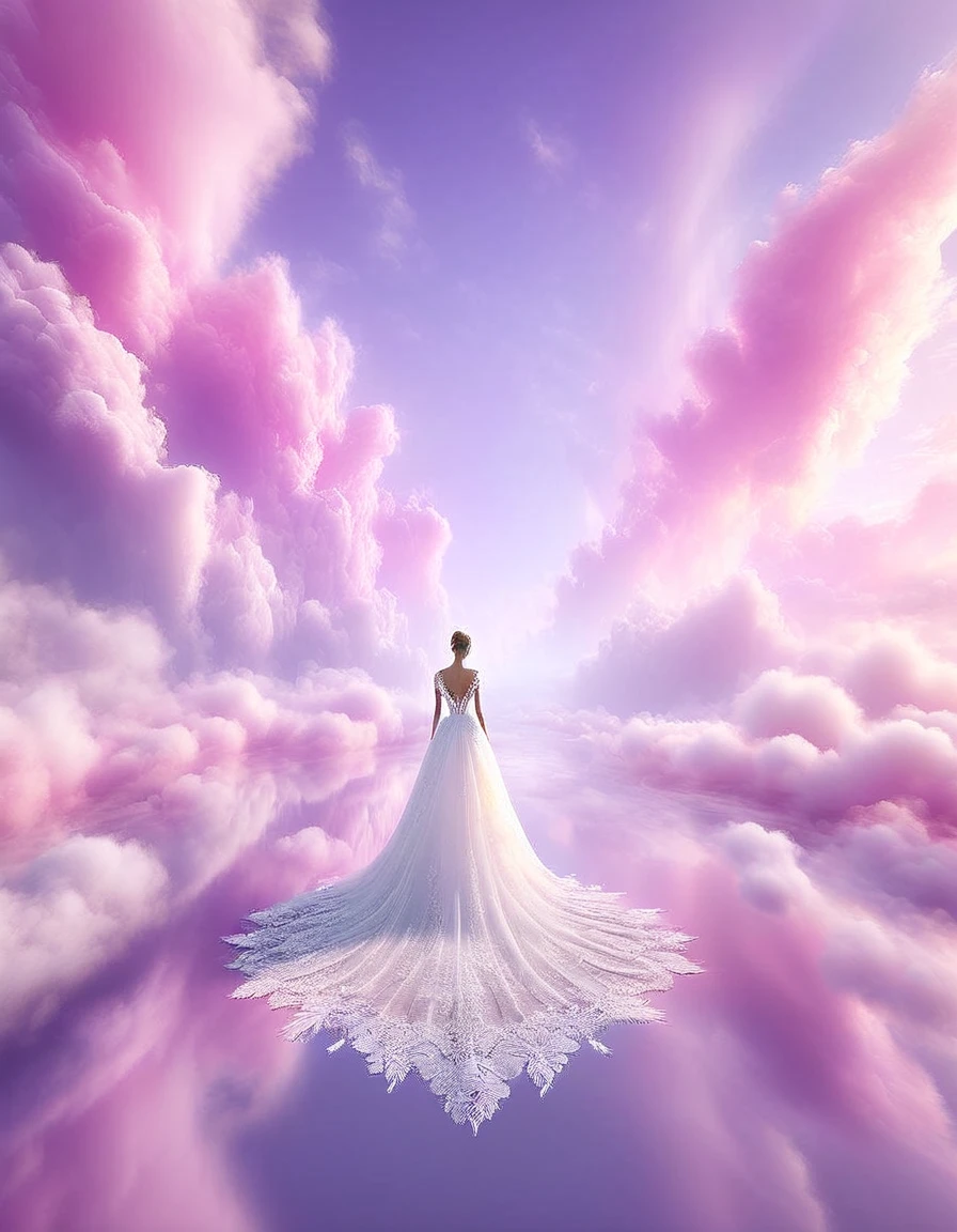  Tyndall phenomenon，lesnica vnebo,Best quality,super detailed, valid,professional，white fluffy lace wedding dress，extravagant,lots of lace on the dress, Rows of pale pink violet rays, cloud, light fog，White minimalist, partial reflection，Desktop wallpaper，Love is light, 8 K,12K,