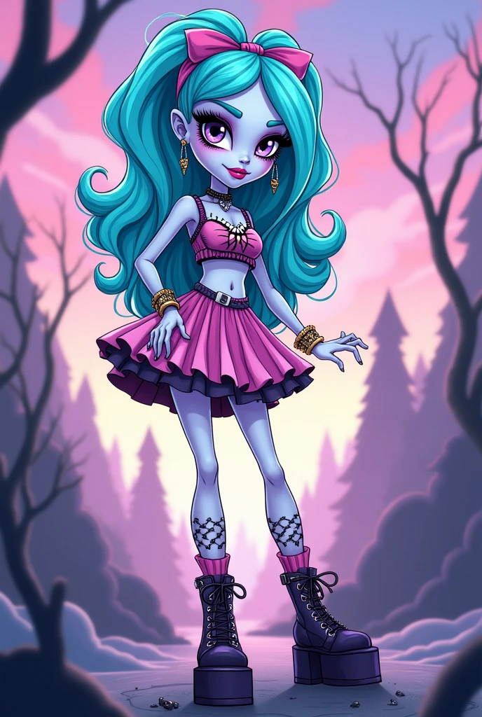 Create a redesign for Twyla Boogeyman [Monster High] using pastel goth and kawaii emo style [Cartoon Style]
