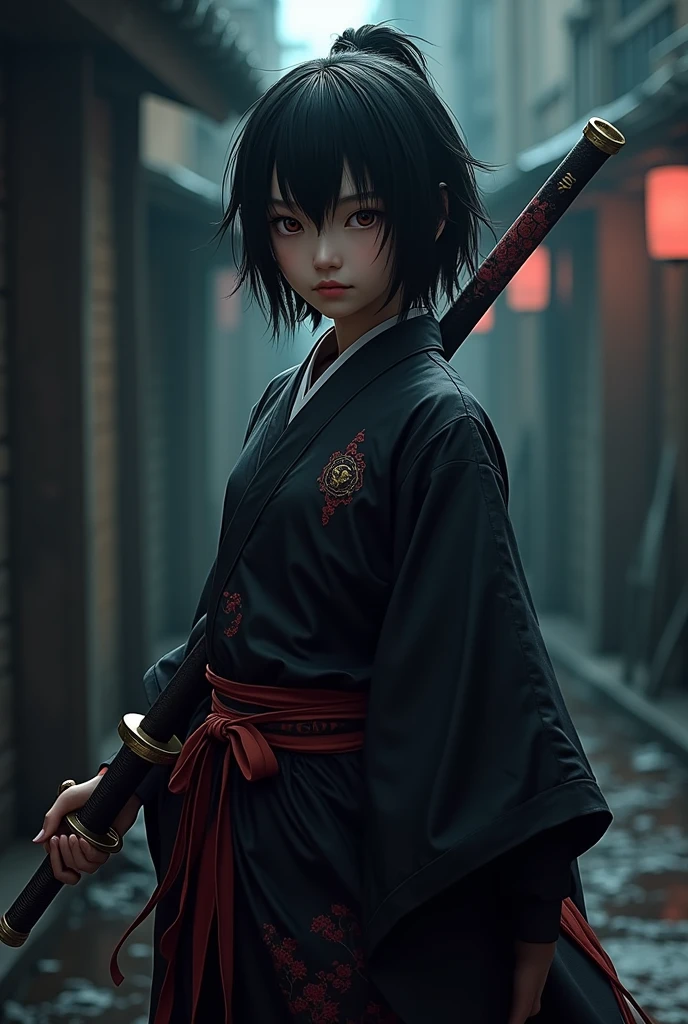 A boy of about eleven years old who is facing away and has only a katana in his back and the boy has black hair and green eyes and black swordsman clothing and more or less part of his face can be seen.