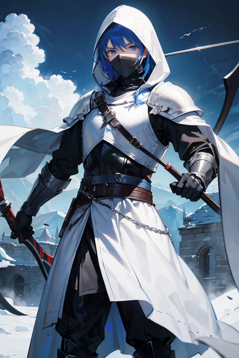 best quality, masterpiece,colorful hair, blue eyes, man in a white armor with a bow and arrow, wearing leather assassin armor, blacksmith's outfit, flowing robes and leather armor, black leather armour, tied leather armor, with a light leather armor, clothed in stealth armor, wearing cloak on blasted plain, black leather armor, covered in full leather armor, pale black armor, white hood, white half-mask on face