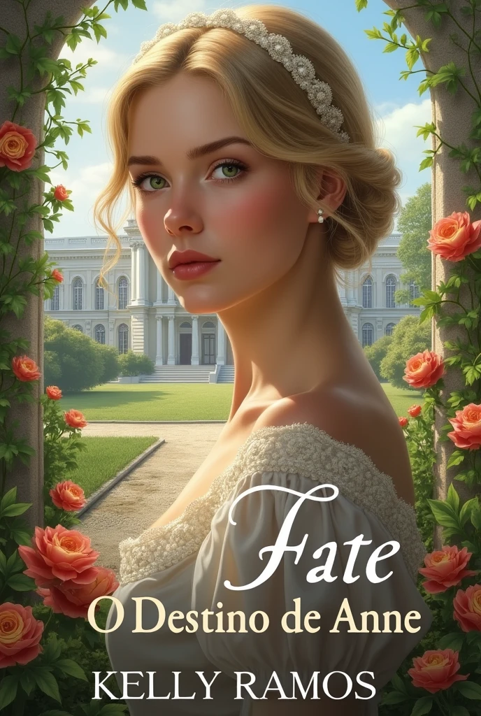 Create for me the cover image of my book Anne&#39;s Fate write the name in Portuguese and put my author name Kelly Ramos put a palace in the background, flowers and a young woman with an angelic face, a very realistic image of blond hair and green eyes wearing a period dress from 1910