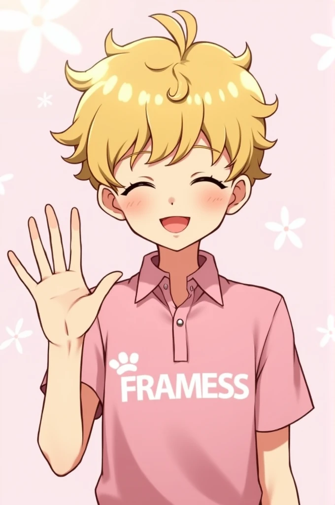 the blonde hair design is anime he smiles has his eyes closed and waves forward he also has curls and a pink polo shirt with framess written on it in white writing the background is light pink