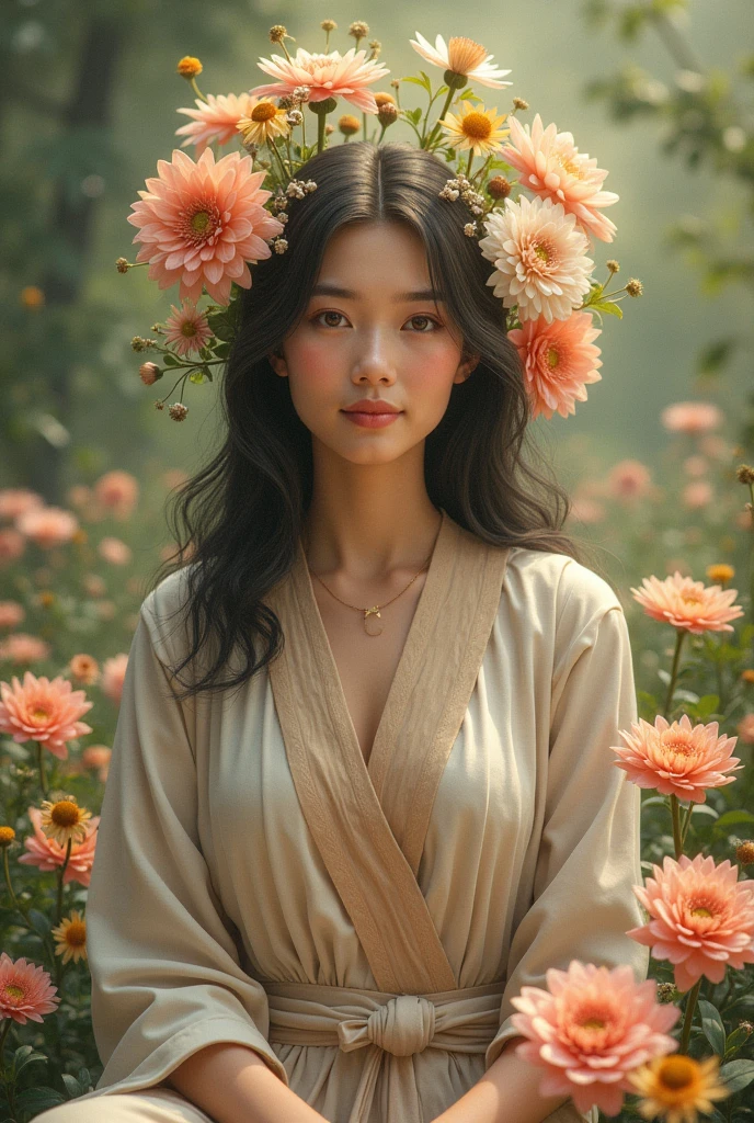 A woman with flowers and an outfit signifying peacemaker