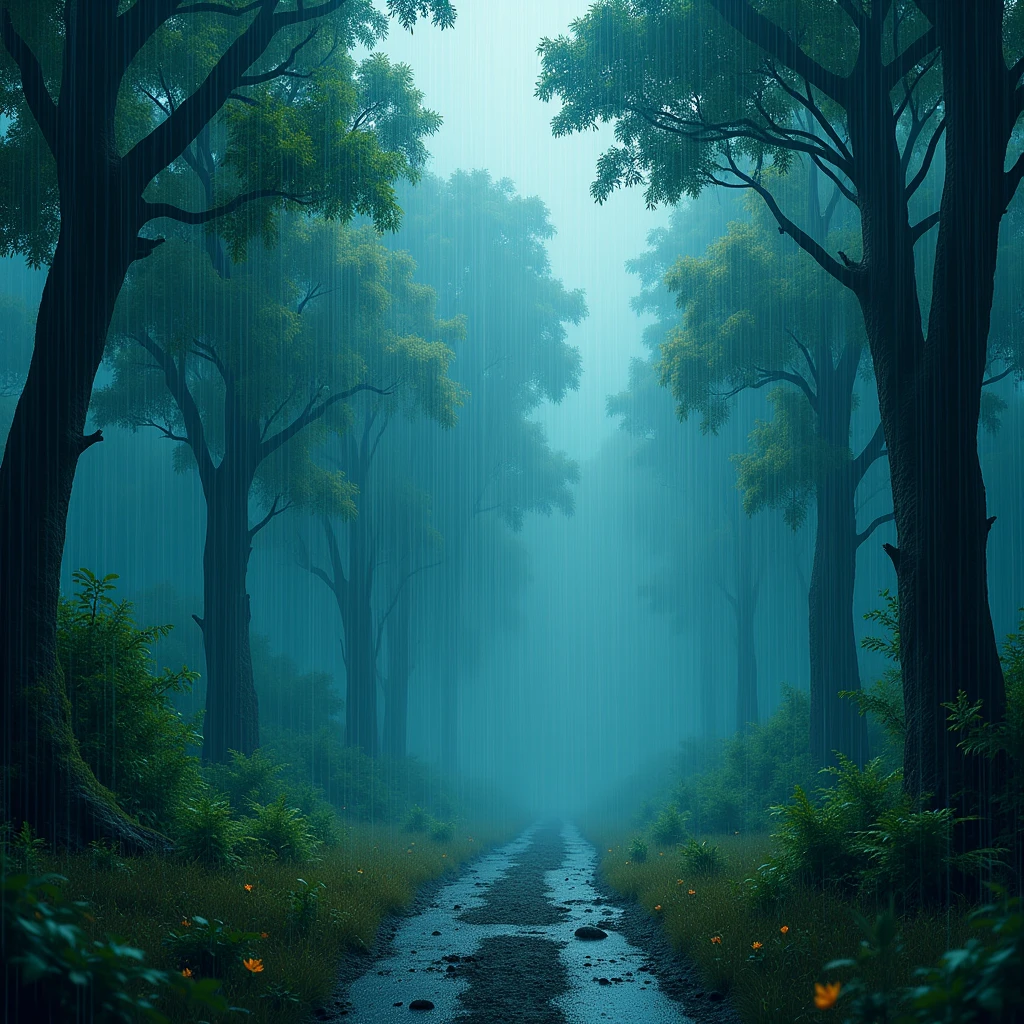 raining down, breeze, arbres, foret, haze, vibrant colors, heavy rain. 8k, best resolution, 1920x1820