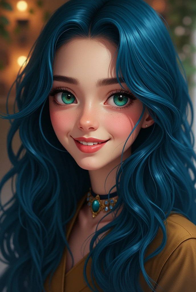 I would see myself with long, wavy dark blue hair, like the night sky, and bright emerald green eyes, that reflect curiosity and wisdom. My smile would be warm and friendly, inviting everyone to come and chat.
My style would be eclectic,