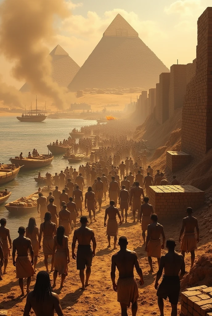 Make a picture of the Egyptian slaves melting the soil using large fires and turning it into very large bricks for the Egyptian pyramids. And using Nile to move the huge brikcs. Using large fires to melt them. Using simple big boats to Carry them 