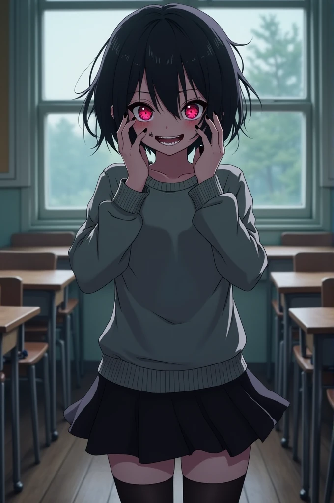 ((Masterpiece)), ((Highress)), ((Ultra HD)), (Anime-style), (One girl), (Standing), (Yandere), (Short and messy hair), (Black hair), (Black spot under eyes), (Unsettling smile), (Wide eye but small pupil), (Pink eyes), (Gray sweater), (Short black skirt), (Both hands on cheeks), (Left hands holds knife), (Black thigh highs), (Classroom background)