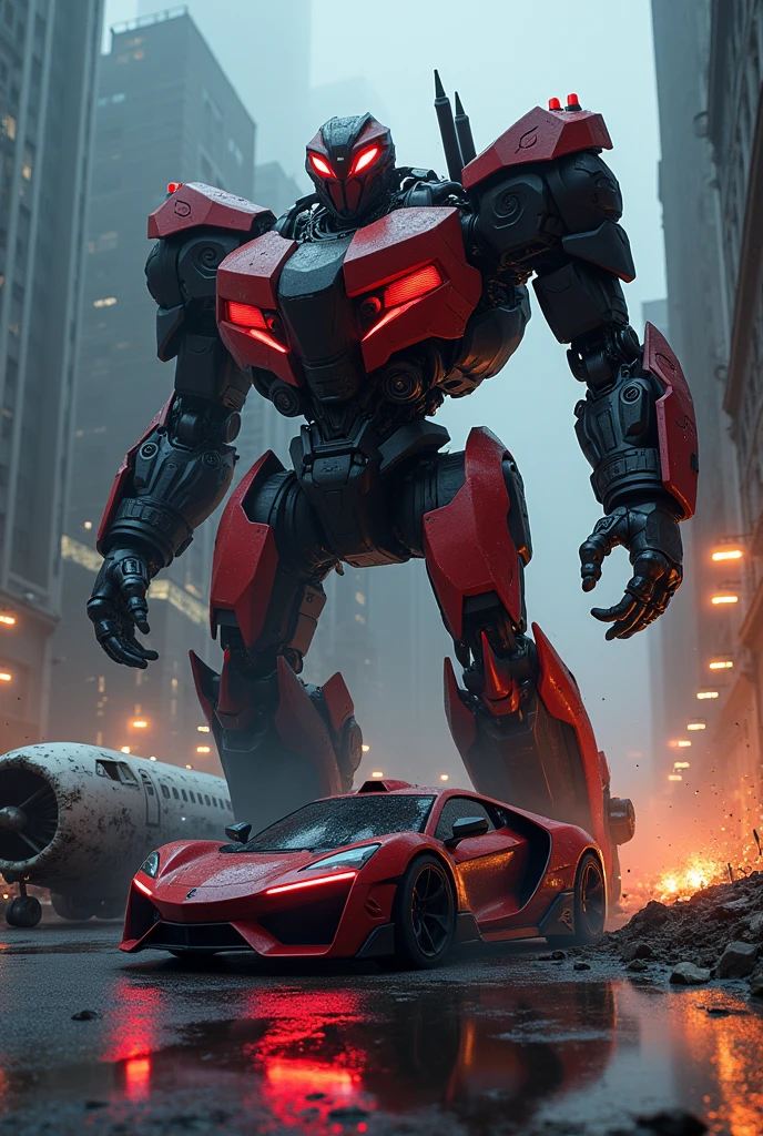 A supercar is Fully loaded with Armod weapon in night time at city destroying Building and turned into a Giant robot in red and black color and crushing A Airplane