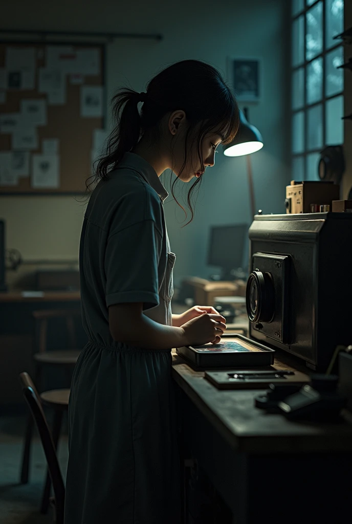 (photorealism:1.2), 1 girl in clothes.darkroom interior