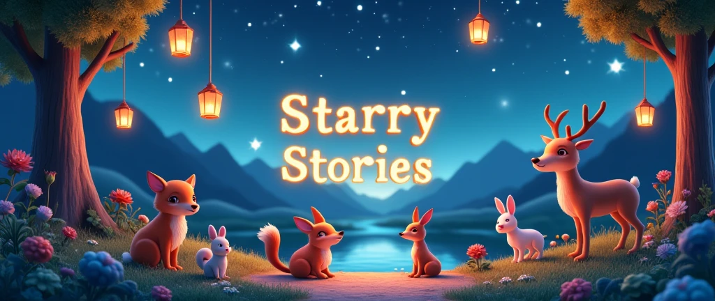 A 3D render of a mesmerizing and enchanting illustration by Gildas Lakoussa. The illustration is of a starry night sky with floating lanterns. There are various animals sitting under the trees, including a fox, a rabbit, a squirrel, and a deer. The text "Starry Stories" is written in glittery, 3D text. The background is a serene landscape with mountains, trees, and a river. The overall scene has a warm and pleasant association with a wonderful childhood.