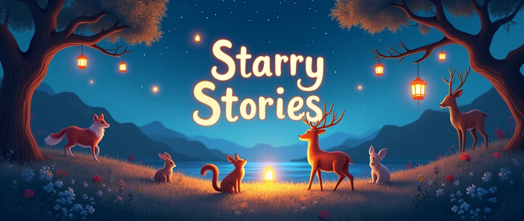A 3D render of a mesmerizing and enchanting illustration by Gildas Lakoussa. The illustration is of a starry night sky with floating lanterns. There are various animals sitting under the trees, including a fox, a rabbit, a squirrel, and a deer. The text "Starry Stories" is written in glittery, 3D text. The background is a serene landscape with mountains, trees, and a river. The overall scene has a warm and pleasant association with a wonderful childhood.