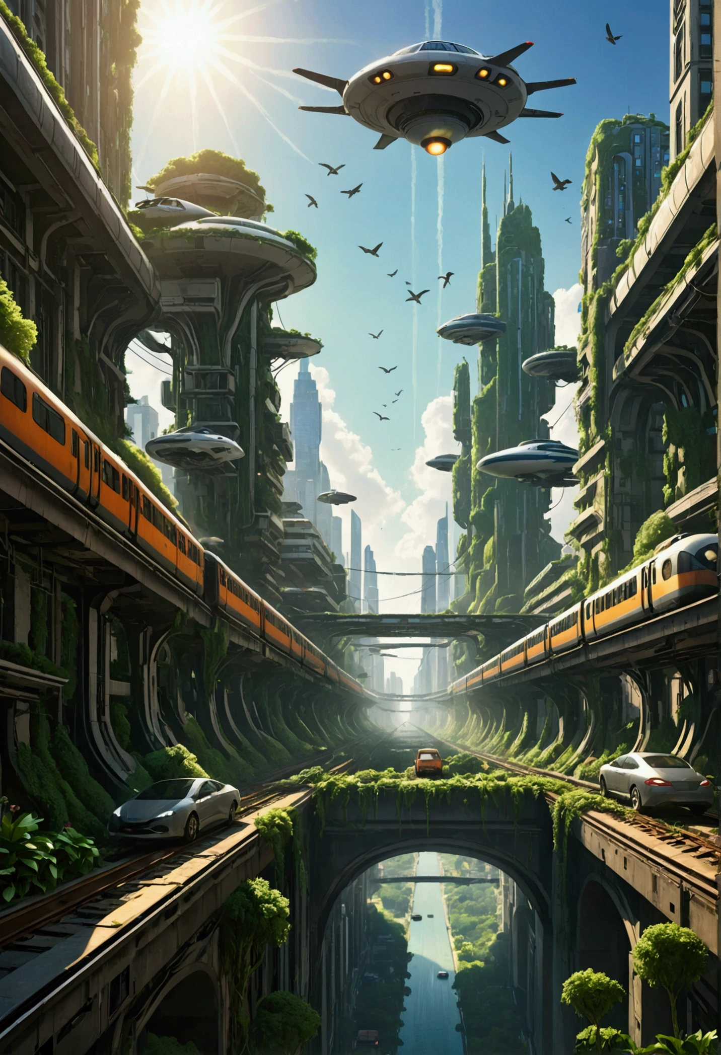 Create an imposing image of a mega city with impressive structures, tall, elaborate, in a leaden and oppressive environment, with aerial rails where trains and flying cars go. Vegetation sprouts from the buildings themselves, birds fly around, the sun shines overhead, giving a little life to the image. The city feels overloaded and overcrowded. the image demonstrates an uncertain and mysterious future