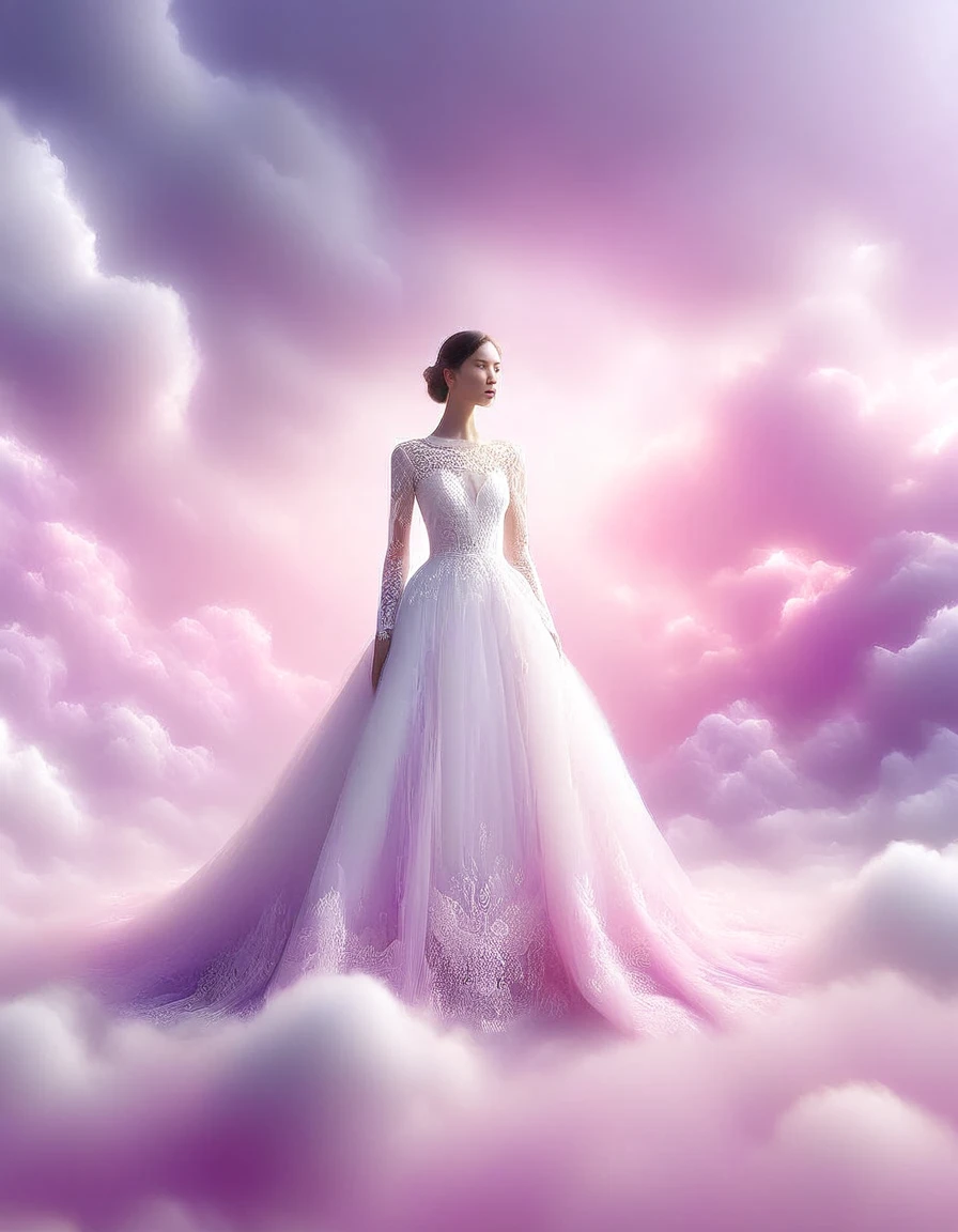 Tyndall phenomenon,Best quality,super detailed, valid,professional,white fluffy lace wedding dress,extravagant,lots of lace on the dress, Rows of pale pink violet rays, cloud, light fog,White minimalist, partial reflection,Desktop wallpaper,Love is light, 8 K,12K,