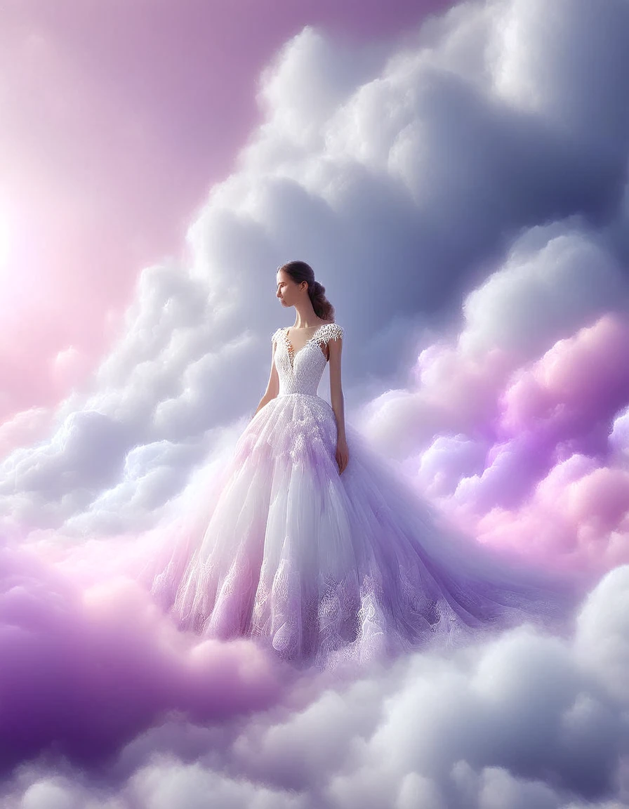 Tyndall phenomenon,Best quality,super detailed, valid,professional,white fluffy lace wedding dress,extravagant,lots of lace on the dress, Rows of pale pink violet rays, cloud, light fog,White minimalist, partial reflection,Desktop wallpaper,Love is light, 8 K,12K,