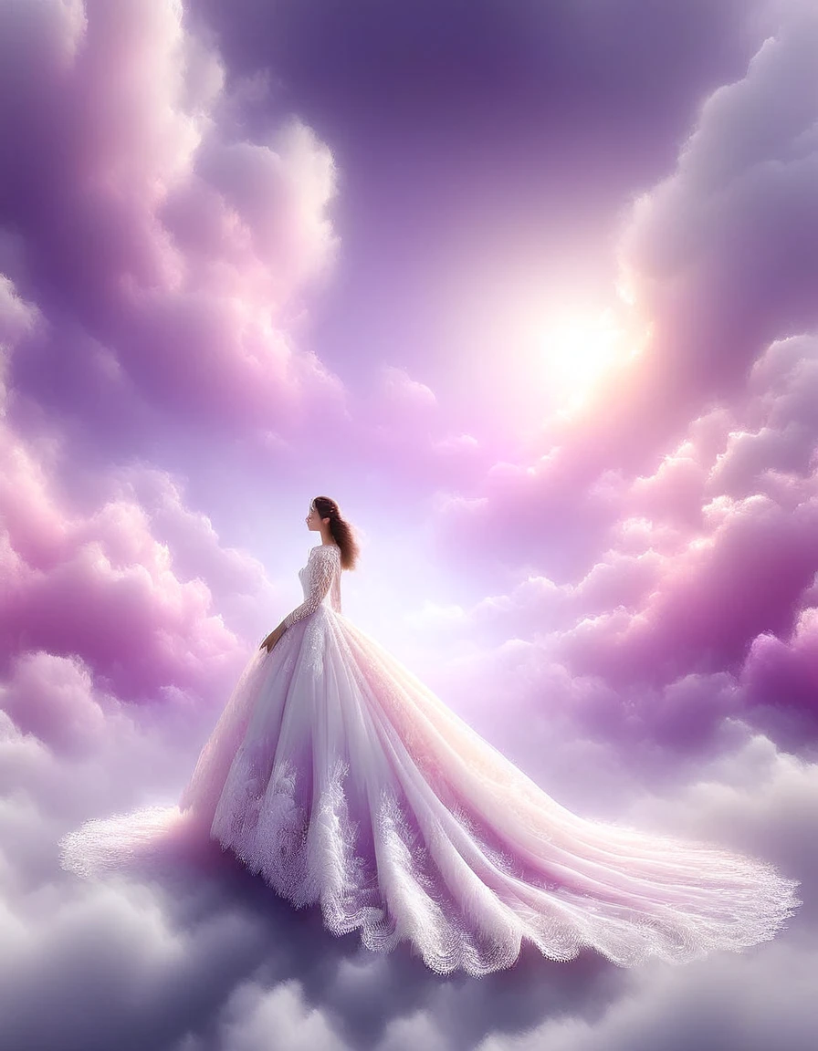 Tyndall phenomenon,Best quality,super detailed, valid,professional,white fluffy lace wedding dress,extravagant,lots of lace on the dress, Rows of pale pink violet rays, cloud, light fog,White minimalist, partial reflection,Desktop wallpaper,Love is light, 8 K,12K,
