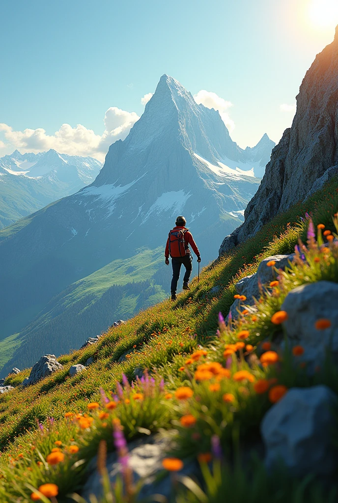 on a meadow mountain climbing photorealistic
climber ascending a mountain at 3:00pm with bright colors seen in profile
