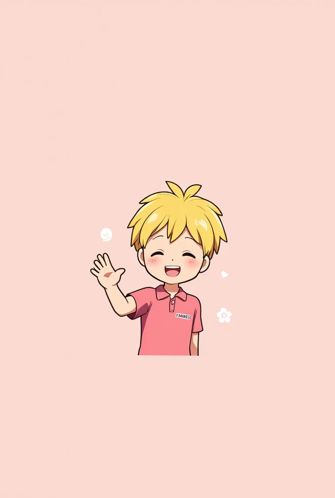 the blonde hair design is anime he smiles has his eyes closed and waves forward he also has curls and a pink polo shirt with framess written on it in white writing the background is light pink