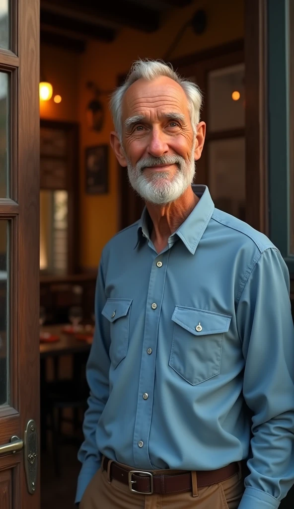 A handsome old man with blue shirt at the door of a restaurant, pixar style, cinematic, masterpiece, high-aesthetic , portrait