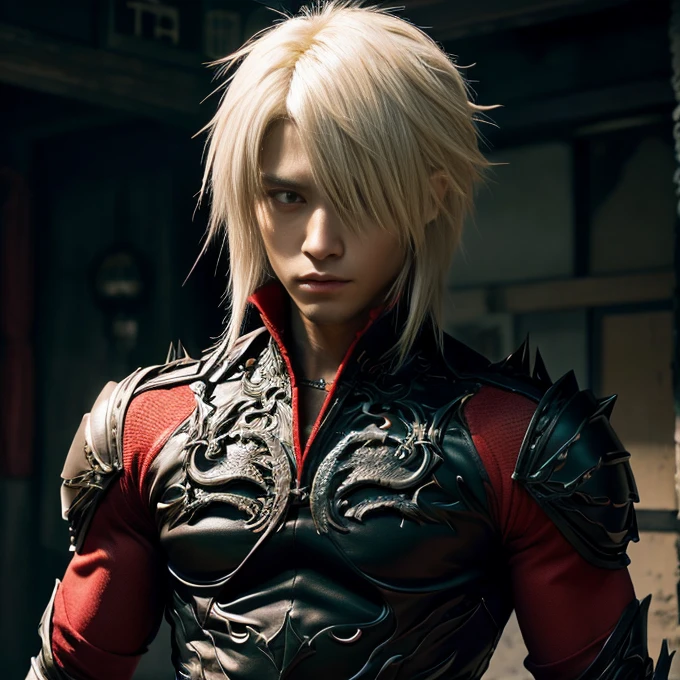 1 man, Japanese man, male, Asian eyes, muscular, broad shoulders, dragon,hairstyle Visual Kei style, hair Visual Kei, black men's shirt and black pants, ultra detailed face, hyperrealistic, realistic representation, 30 years old!,age 30 years! Blonde hair, long hair.