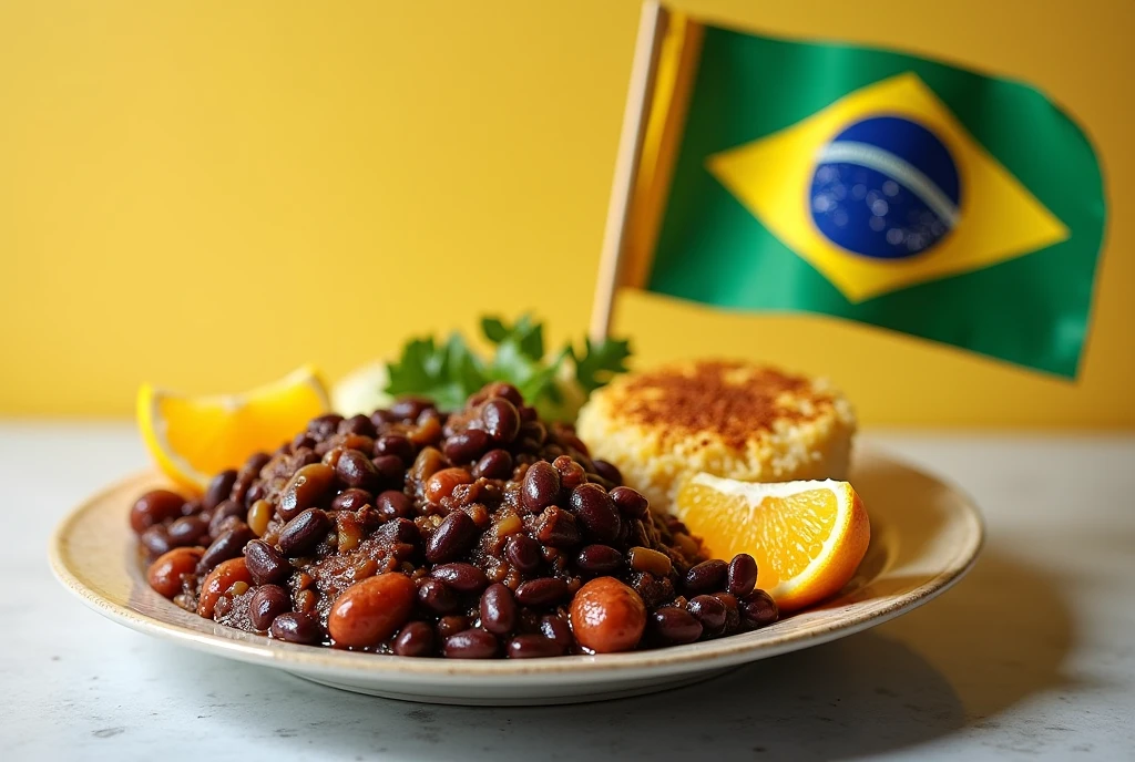 A plate of feijoada with a Brazilian flag stuck on it.