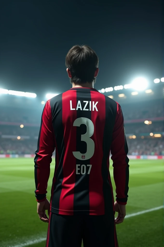 standing on San Siro at night from behind wearing AC Milan shirt with long sleeves from 2007 and with number 3 and Lazik written on it and with a little bit long hair in realistic style