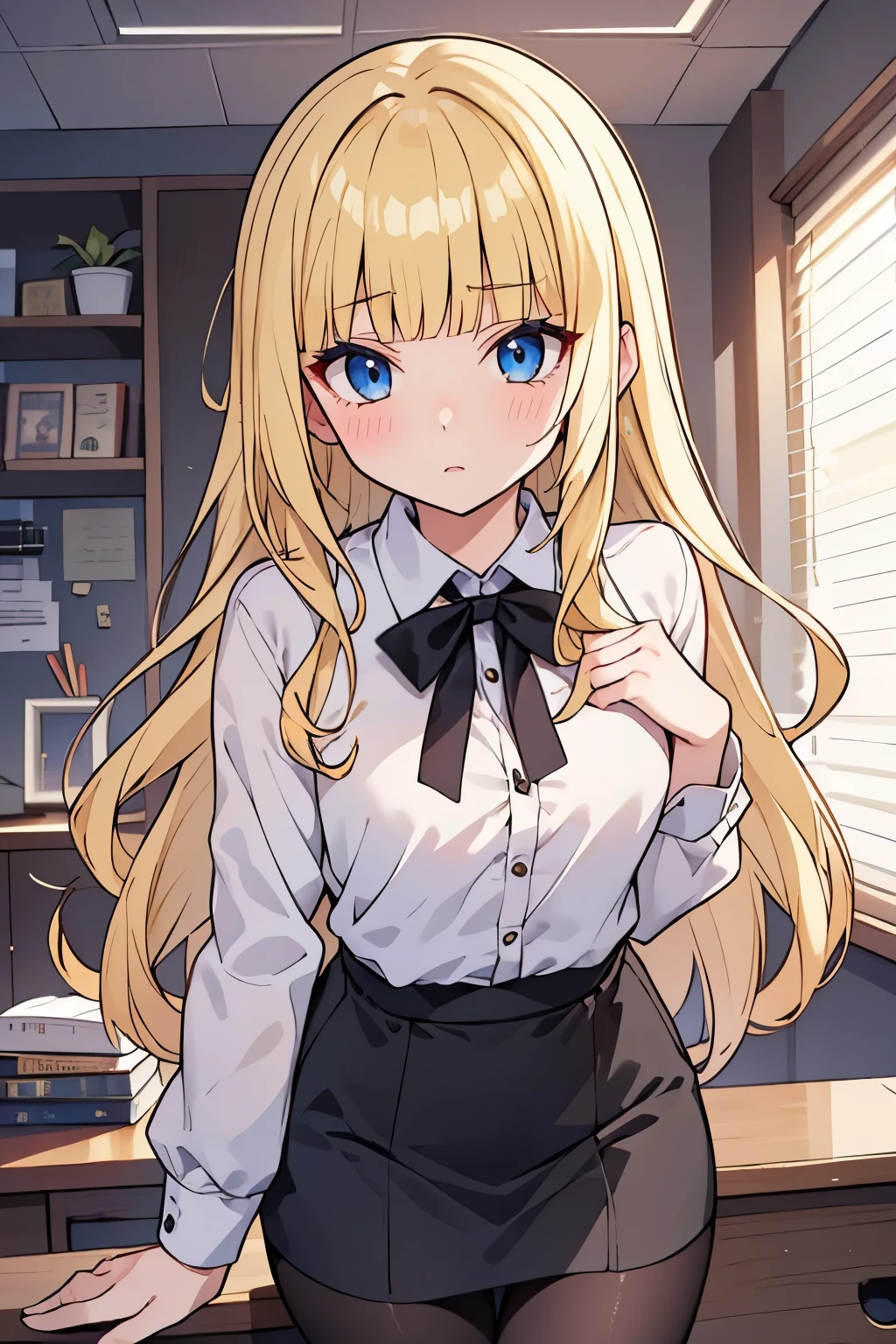 cowboy shot, Young adult girl, 1 girl, yellow hair, hime cut, extra long hair, light blue eyes, golden blonde hair, voluminous hair, disheveled wavy hair, (small breasts), (young female body: 1.4) night time, night ambience, office, leaning against desk, black pantyhose, black office skirt, white shirt, tight pencil skirt, unbuttoned shirt, dynamic posing, erotic, pulling skirt down with hands, hands on front of skirt, leaning forward, 