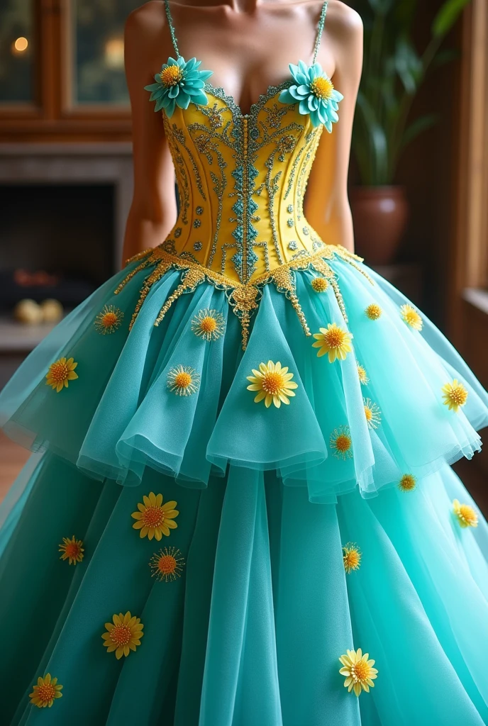 Glamorous short dress with multi-layered turquoise tulle skirt, short yellow corset waist skirt with embroidered lace and many highlighted 3D flowers and yellow and turquoise rhinestones