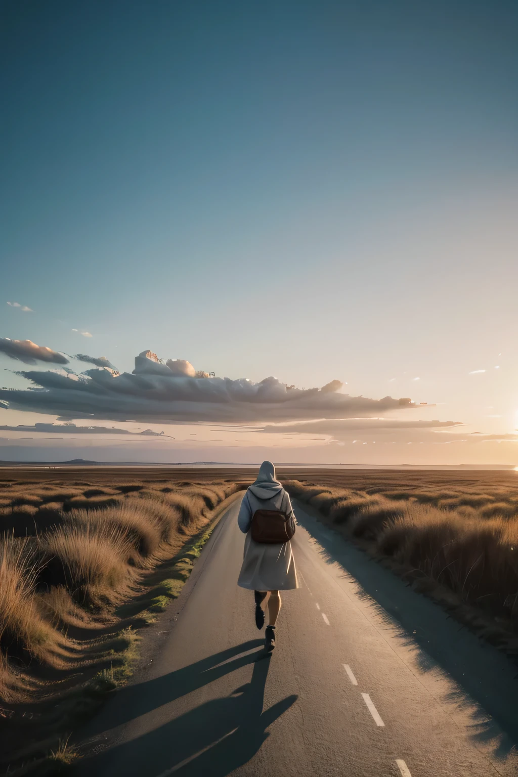 "a person walking towards an illuminated horizon, with a soft light in the background. the scenery should convey a feeling of hope and continuity in the spiritual journey, reflecting the continuous search for peace and connection with God."
