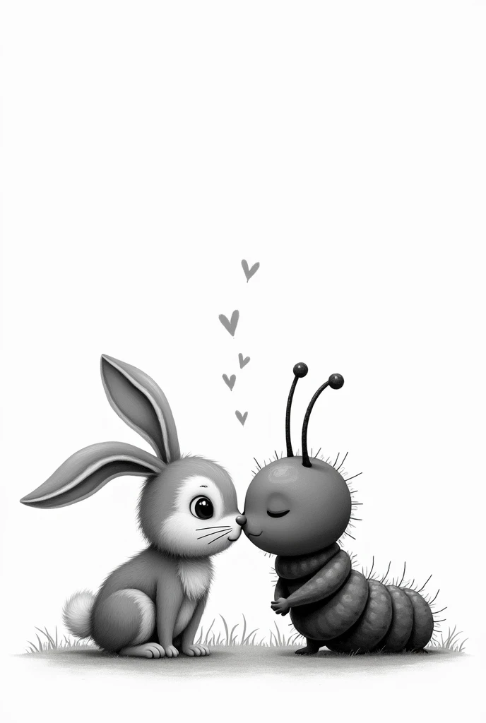 rabbit and caterpillar giving each other a kiss black and white