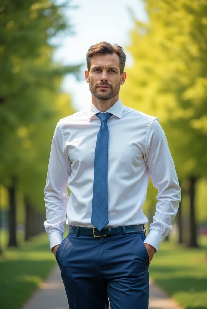 A man in a white dress shirt with a serenity blue tie and mid-blue dress pants against a background of trees and a sunny day