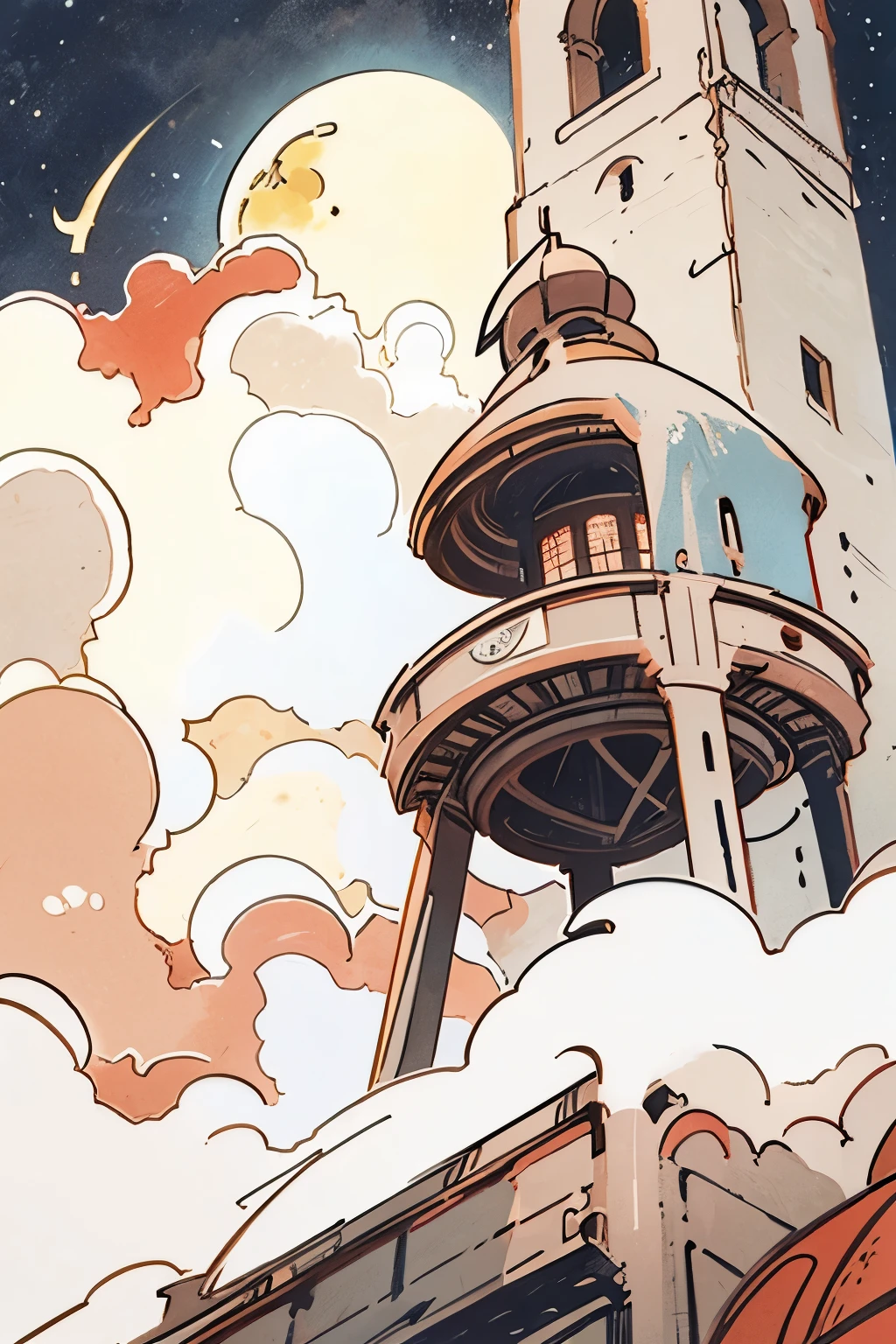 a bell tower and a tower seen from below, clouds, red enamel moon surrounded by white, night sky clouds near the moon, village, night, surreal atmosphere.