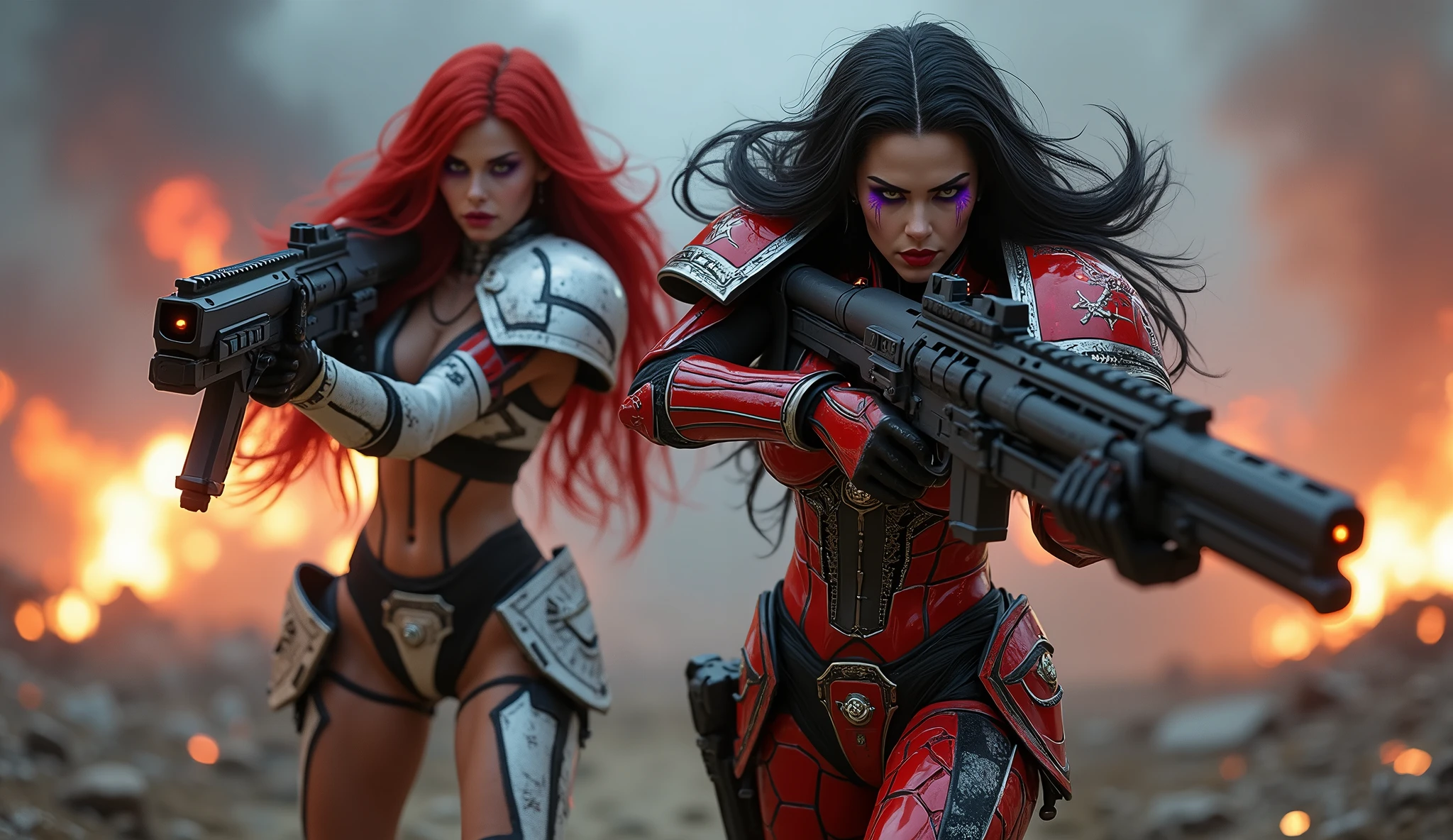Full body pose sexy sisters of battle from the warhammer 40k, shooting at the enemy, red and gold space marine armor with intricate details, white and black space marine armor with intricate details, symbols on the armor, sisters of battle, warhammer 40k, Massive silicone breast, pale skin, seductive, temptation, eat your soul, clevage, long red flowing hair, long white flowing hair, long black flowing hair with purple highlights, heavy gothic makeup, at night, neon, beautiful detailed eyes, beautiful detailed lips, extremely detailed eyes and face, long eyelashes, highly detailed armor, intricate futuristic weaponry, dramatic lighting, cinematic composition, muted color palette, gritty and realistic, mecha, science fiction, hyper-detailed, photorealistic, award winning digital art, 8k, HDR, masters work, in the middle of a battle field, full body combat action pose, explosions and fire around, full war, stunning, Stilleto heels, high heels, full body pose, cinematic, movie trailer, final stand!, nemesis, ready to strike, dust and debree, combat screams, attacking, shooting at the enemy, running forward, last line of defense, charging, fanatic, religious, templar knights, sisters of battle, warhammer 40k, shooting at the enemy