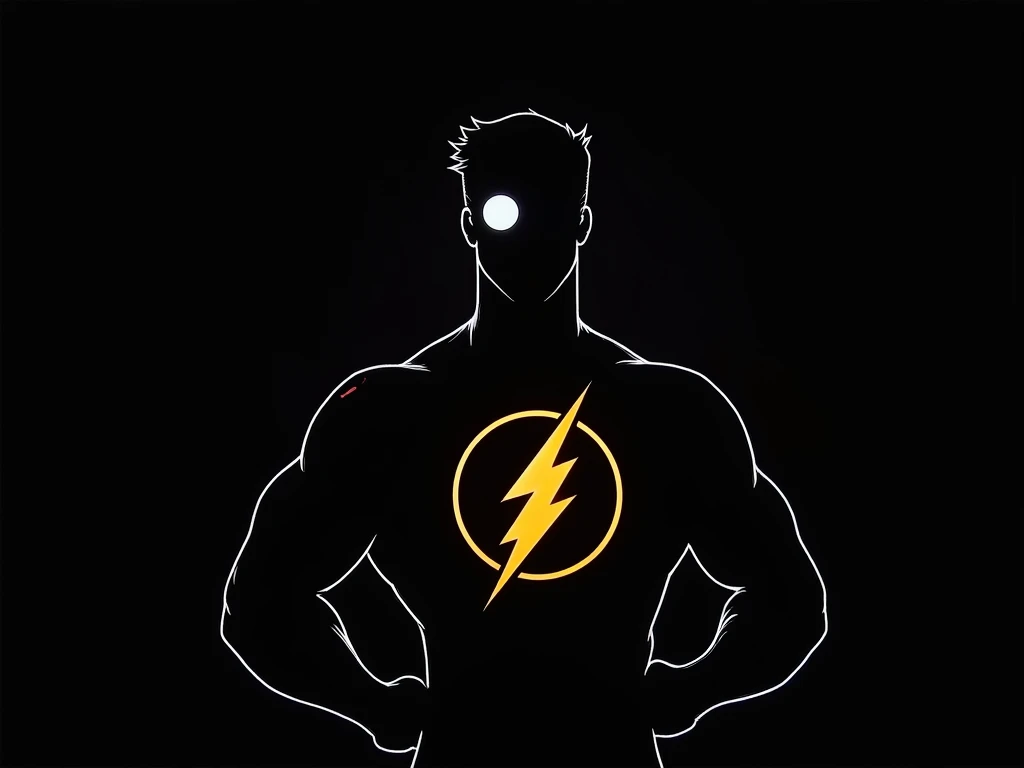 male character, with superhero outfit, dark, just the eye highlighted in white, like Superman, just the silhouette, flash symbol on the chest, flash symbol white circle, yellow lightning, head of a man like Superman, without mask