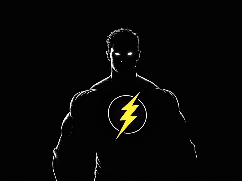 male character, with superhero outfit, dark, just the eye highlighted in white, like Superman, just the silhouette, flash symbol on the chest, flash symbol white circle, yellow lightning, head of a man like Superman, without mask