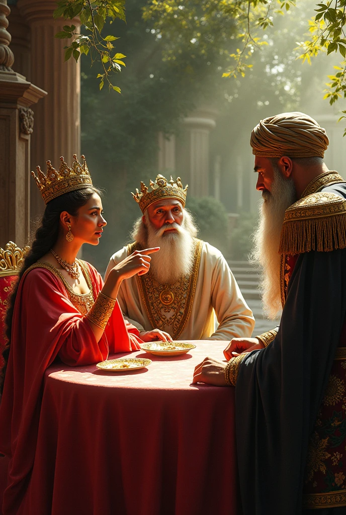 Make the queen of Persia with a red dress and her crown at the table and the king of Persia and an officer with a white beard and a white turban , the queen is pointing her finger at the officer in the white turban with a look of fright add to the background garden with sun shining